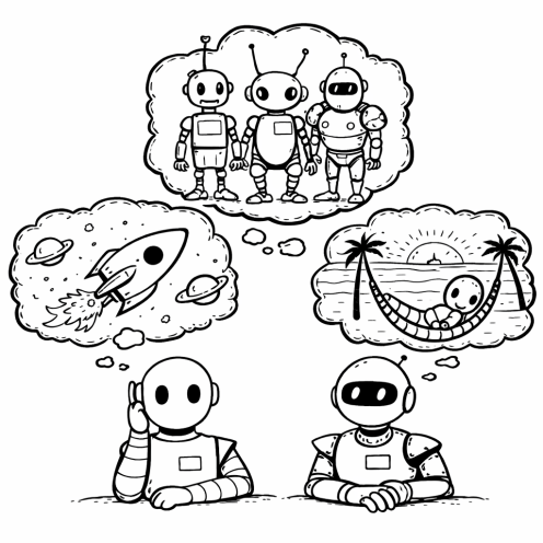 Two robots with thought bubbles imagining a rocket in space, romance between robots, and a robot resting in a hammock